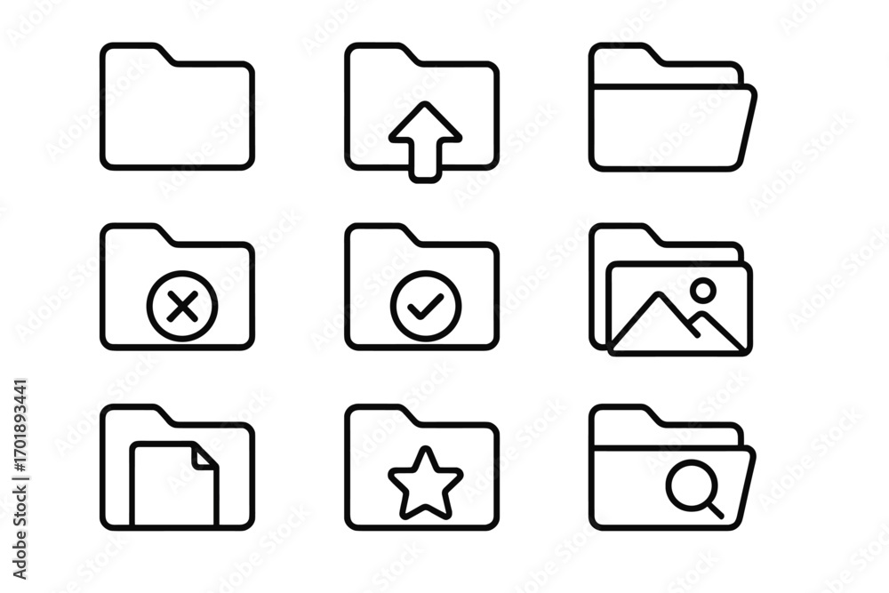 Poster computer folder thin line icon set. outline signs for graphic and web design, apps. vector symbols f