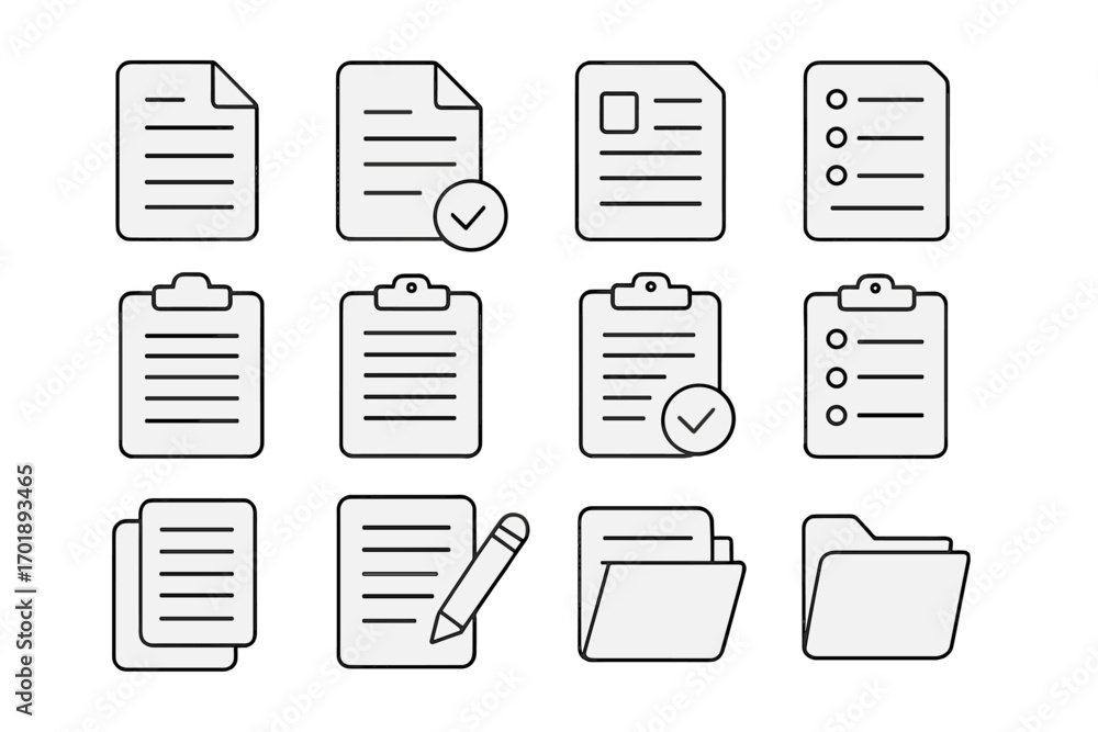 Poster document line icon set. office files, clipboard, checklist, and folder symbols. vector outline icons