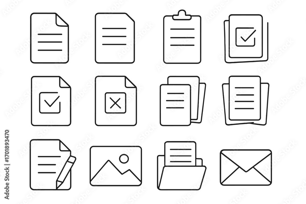 Poster document icon set. thin line art collection for web and app design. vector symbols for file, paper, 