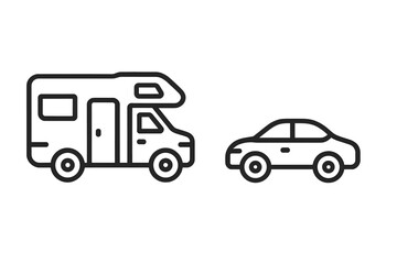 Motorhome and car outline icons. RV, camper van, and automobile vehicle symbols. Simple line art pictogram set for travel, transport, road trip, web, and app design.