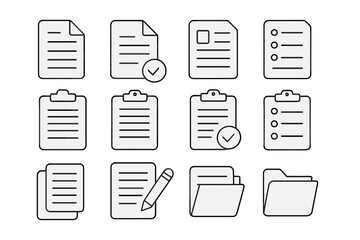 Document line icon set. Office files, clipboard, checklist, and folder symbols. Vector outline icons for business reports, web design, and app interfaces. Minimalist data signs.