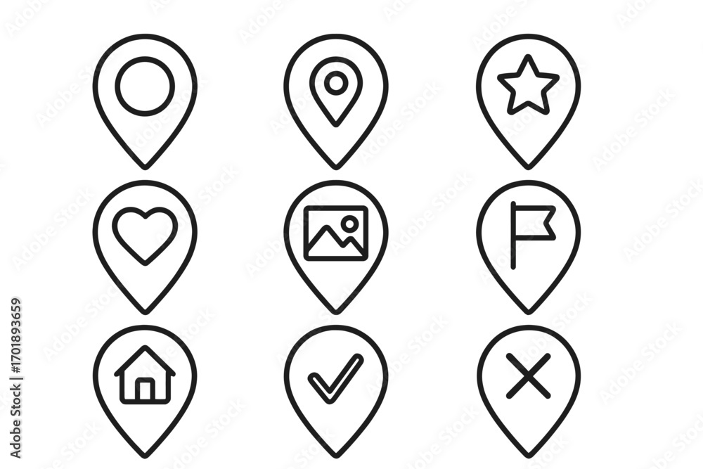 Poster map pin icon set. location marker line icons for graphic and web design. vector pack of outline sign