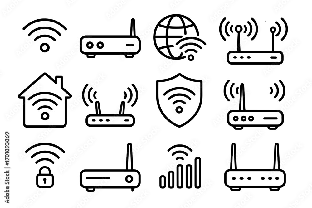 Poster wifi and router line icon collection with wireless signal, internet network, secure connection, tech