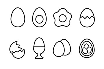 Egg icon set. Collection of outline signs of various eggs. Thin line vector illustration for food, breakfast, menu. Fried, boiled, cracked egg and nest symbols for web.