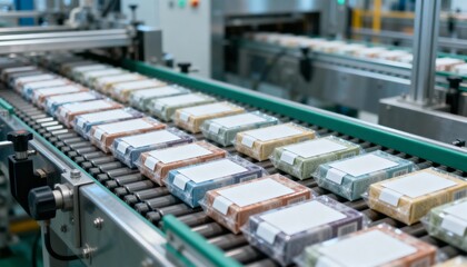 Automated Packaging Line: Finished Products on Conveyor Belt in a Modern Factory Setting