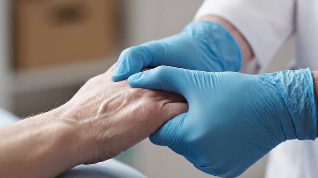 Caring hands in blue gloves gently hold an elderly person's hand.