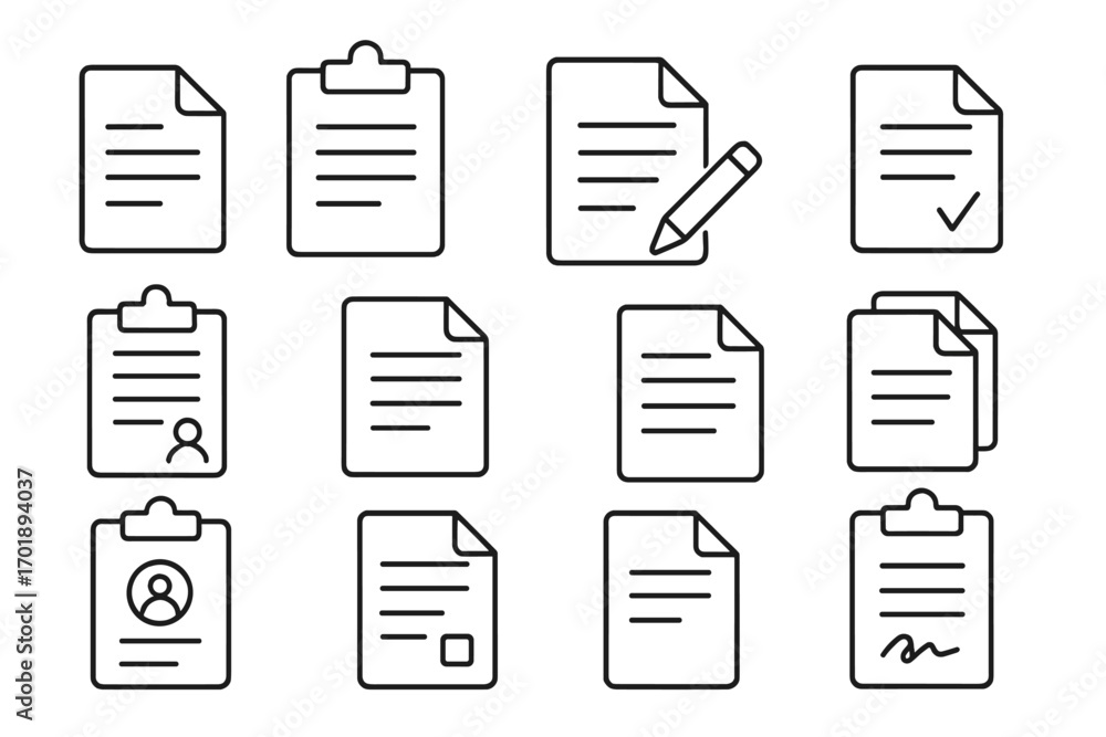 Poster document and clipboard line icon set. file, form, contract, and report symbols. edit, approved check