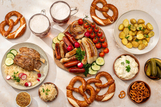 Authentic German Oktoberfest food on stone table