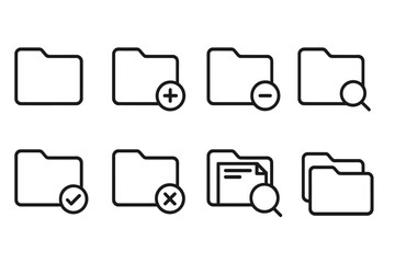 Folder line icon set. UI UX pictogram for web and graphic design. Add, delete, search, approve folder. File management, document organization and archive vector symbol.