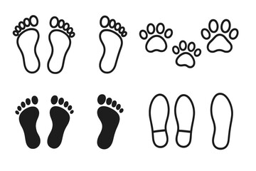 Footprint icon set vector. Human bare foot steps, animal paw prints and shoe sole tracks. Black line and silhouette collection for graphic design, web, apps, or print.