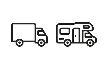 Fototapeta premium Truck and motor home modern outline style icons, cartoon vector illustrations for design, cards, apps, social networks, transportation, travel, vehicle symbols, transparent background set