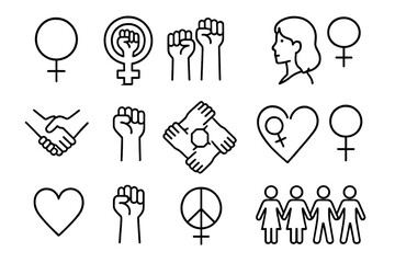 Feminism and gender equality icon set. Outline vector symbols of female power, solidarity, and protest. Includes raised fist, Venus symbol, girl power and diverse community icons.