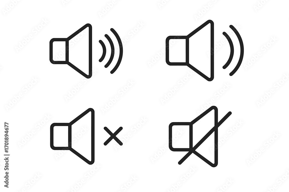 Poster speaker volume line icon set. sound on, off, and mute button symbols. audio control outline signs fo