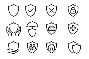 Shield and insurance line icon bundle, outline security signs, protection symbols for graphic design, web, apps, adverts, various cards, vector cartoon illustration set