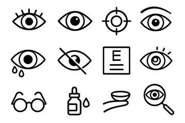 Eye icons set vector line art, outline eye symbols for vision care, eye health, ophthalmology, eye drops, glasses, contact lens, eye test charts, eye protection, design elements