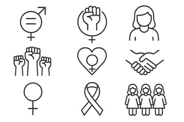 Feminism line icon set. Woman empowerment signs. Gender equality, female rights, girl power symbol. Sisterhood solidarity protest. Raised fist, venus sign, women group vector.