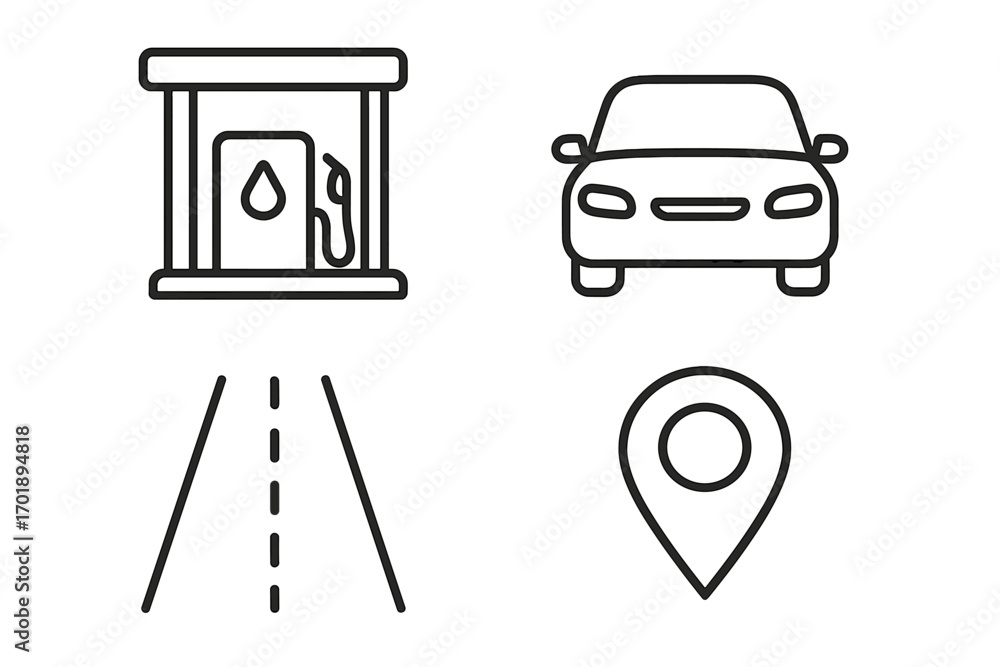 Poster gas station, car, road, and map pin location icon set. vector line art bundle for travel, driving, a