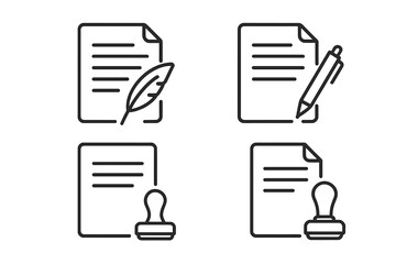 Document line icon set. Contract signing and approval icons. Signature with pen and feather quill. Notary stamp and legal agreement symbol. Editable stroke vector paperwork.
