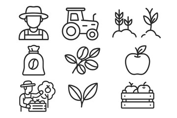 Farming agriculture icon set. Farmer, tractor, coffee bean, apple harvest elements. Line art vector collection for infographic, banner, book. Editable stroke cartoon style.