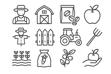 Farming and agriculture line icon set. Farmer, barn, tractor, harvest vector symbols. Includes apple, coffee beans, carrot, scarecrow. Editable stroke outline pictogram pack.