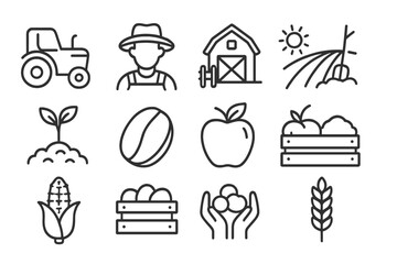Farming and agriculture line icon set. Farmer, tractor, barn, harvest concepts. Apple, coffee, corn, wheat crop symbols. Food production vector pictogram collection.