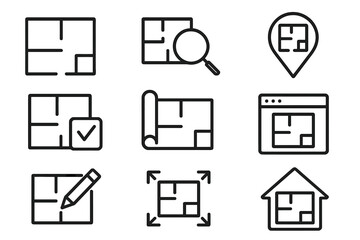 Floor plan vector icon set for real estate and architecture. Thin line symbols for web and apps. Includes blueprint, house plan, search, location, and edit icons. Editable stroke.