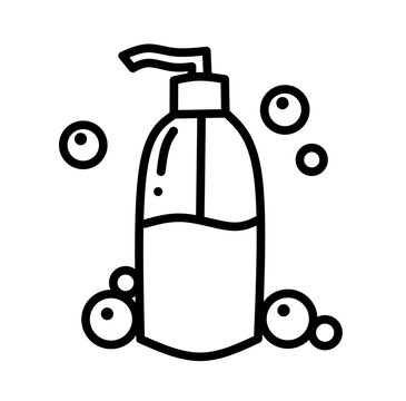 Soap bottle with pump outline icon, representing hygiene, cleanliness, bathroom, sanitation, skincare product and modern household object illustration