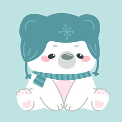 Cute kawaii polar bear in winter hat sitting