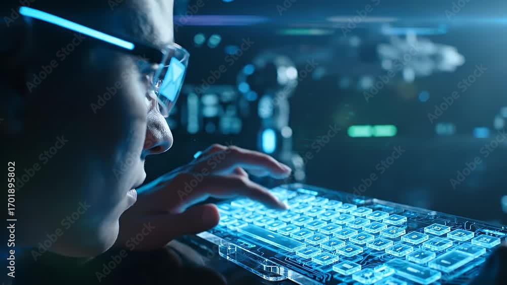Poster tech expert at work: a focused expert, clad in futuristic glasses, meticulously works on a high-tech