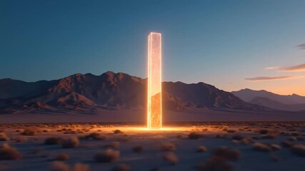 Glowing Monolith in Desert Landscape at Sunset - Powered by Adobe