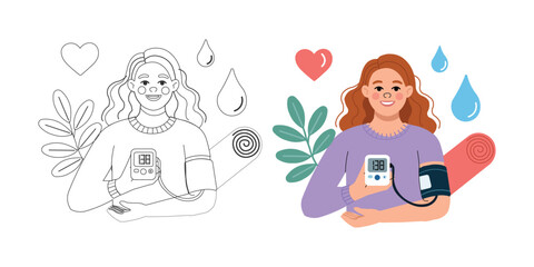 Woman Using Blood Pressure Monitor Vector Illustration.