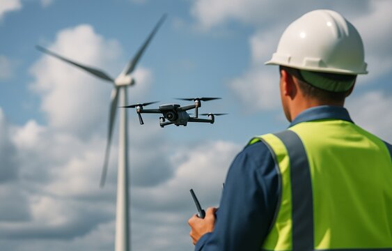 Drone in sharp focus inspecting wind turbine with operator in safety vest and hard hat controlling in background