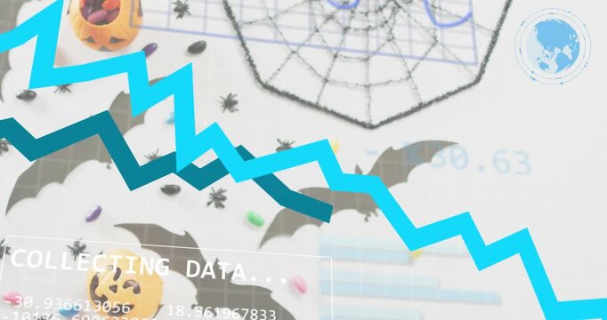 COLLECTING DATA panel initiating on table, lines rising into chart filling, purple line waving