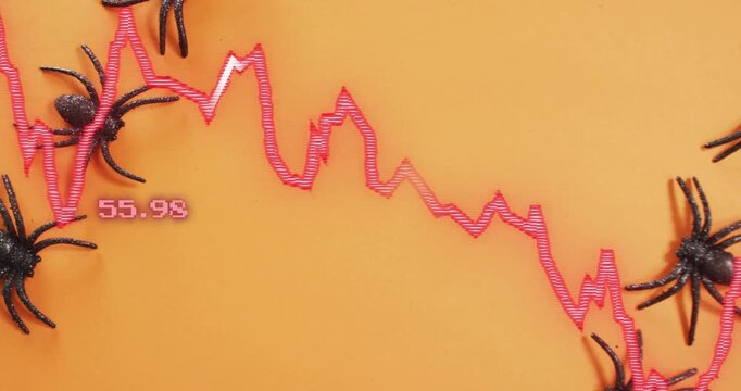 Opening orange backdrop, red line graph fluctuating with numeric labels as spiders crawling at dips