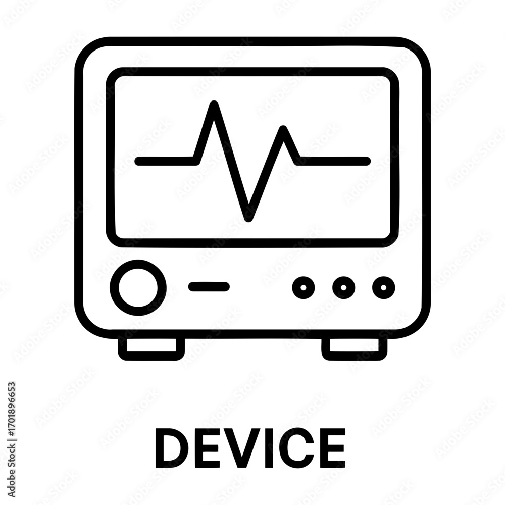 Poster illustration of a medical monitor displaying a heart rate graph with several buttons