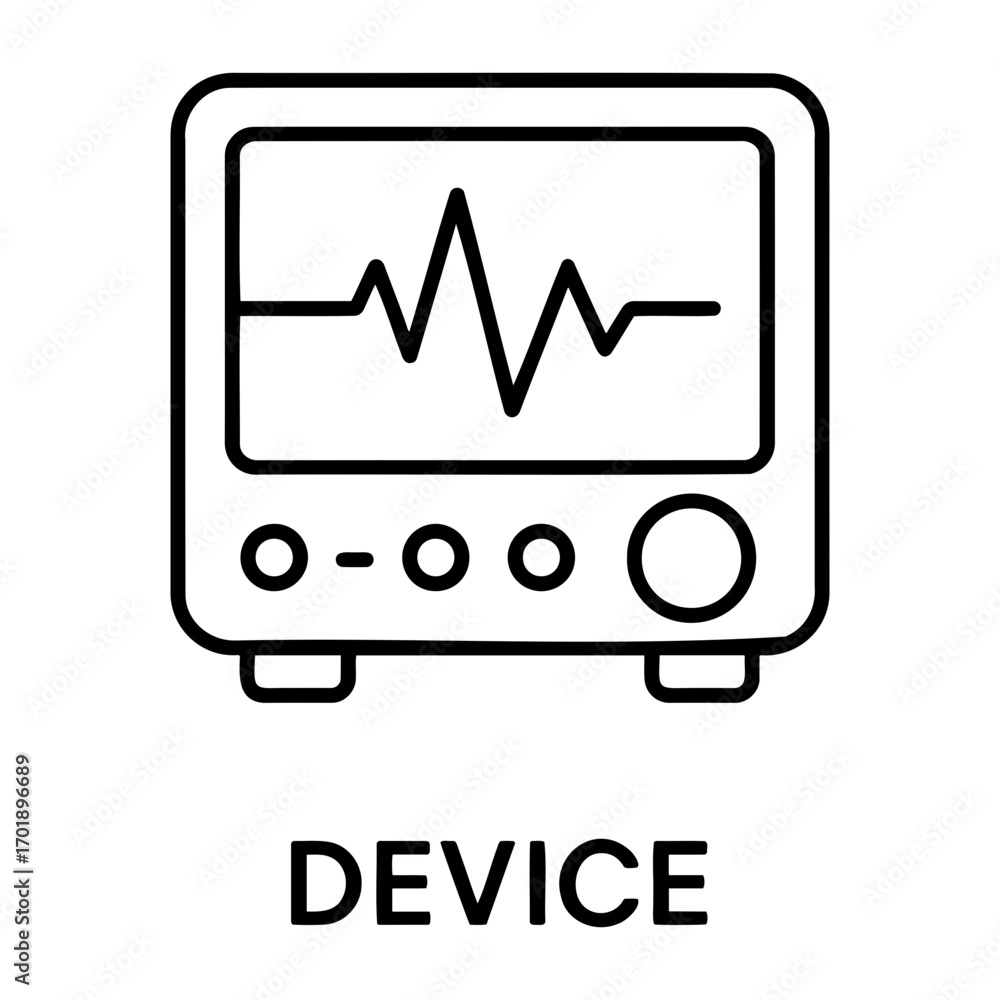 Poster illustration of a medical monitor displaying a heartbeat waveform with control buttons and dial