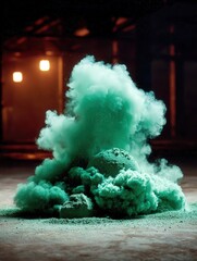 A vibrant cloud of green powder fills the air, creating a dynamic visual effect suitable for various creative projects, including advertising, art, and digital backgrounds,