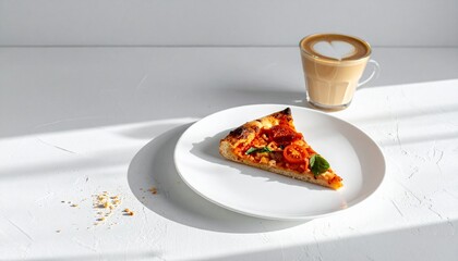 Pizza slice with coffee on clean background and space. AI generated.