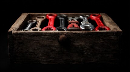 A wooden box filled with an assortment of wrenches and pliers highlights the tools of the trade, This image is perfect for hardware stores, DIY projects, or articles on home improvement,