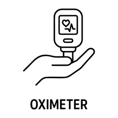 Illustration of a hand holding an oximeter displaying a heart and heartbeat symbol reading