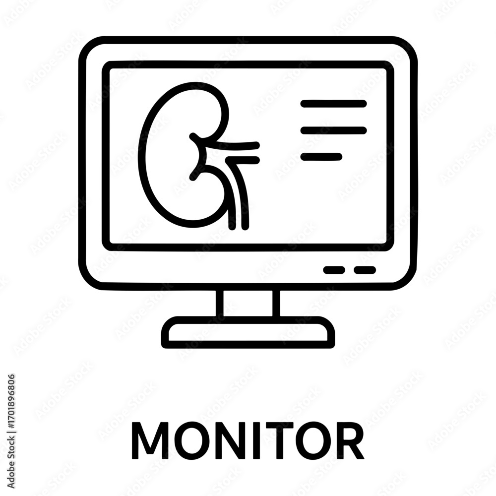 Poster computer monitor displaying a kidney image and text lines in a medical examination view