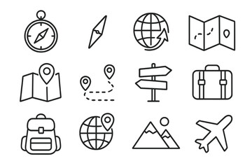 Travel and navigation line icon set. Journey, tourism, and adventure outline symbols. Compass, map, globe, airplane, and location pin vector icons for web and mobile apps.