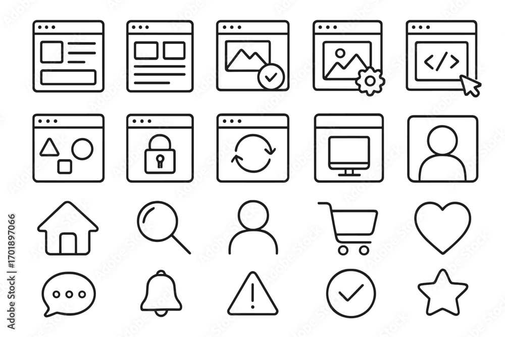 Poster website interface line icon bundle. thin outline signs for graphic and web design, apps. user profil