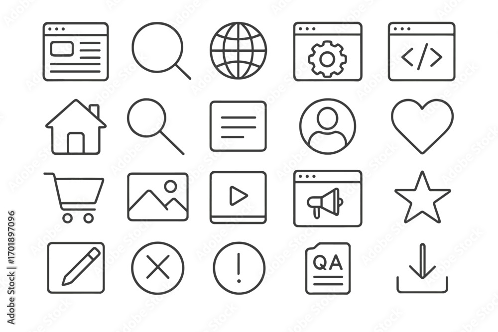 Poster website & app interface line icon set. universal ui ux thin line pictograms for web design. essentia