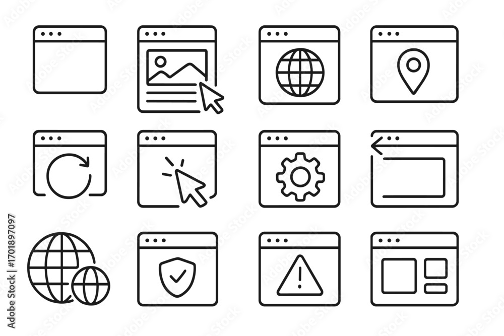 Fototapete web browser line icon set. website page interface and navigation outline symbols. vector graphic des