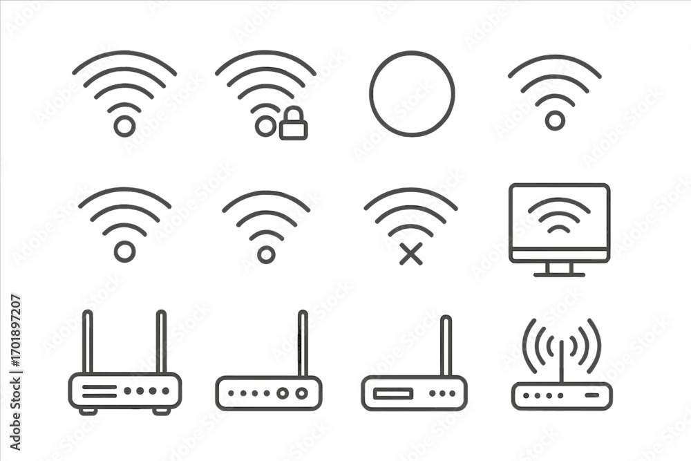 Aufkleber wifi and router line icon set. wireless internet connection and network signal symbols. outline vect