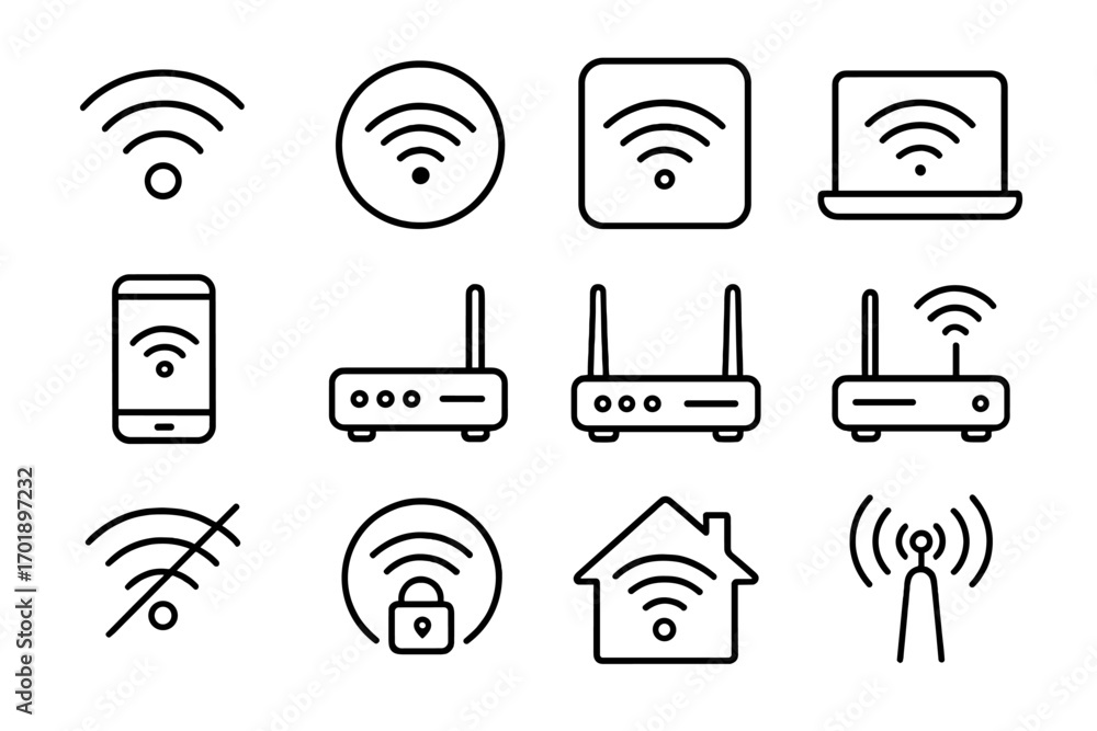 Aufkleber wifi and router line icon set. wireless internet connection signs. network signal, modem, laptop, ph