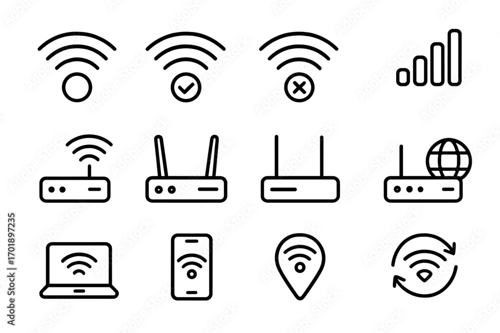 Aufkleber wifi and router line icon set. wireless internet connection, signal strength, hotspot and network sy