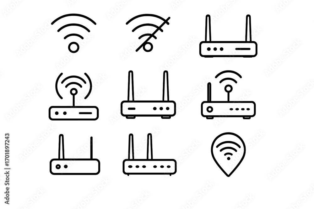 Poster wifi and router line icon pack. wireless internet connection signs. network technology outline symbo