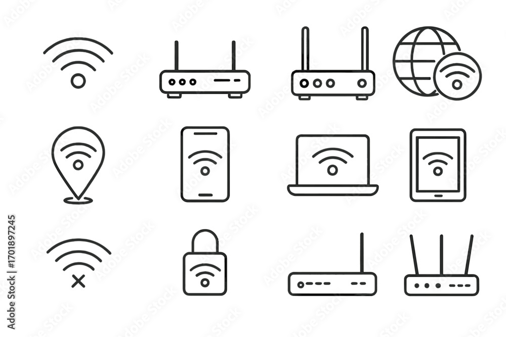 Poster wifi router line icon set. wireless internet connection signs. vector outline symbols for web design